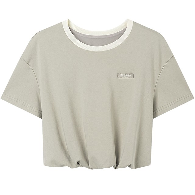 KBNE gray green flower bud short-sleeved shirt bottoming shirt 2025 summer new versatile design round neck top women's clothing