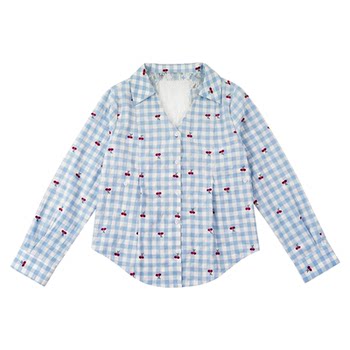 Fabric pig sweetheart berry resort style blue mesh plaid shirt women's summer seaside backless versatile jacket