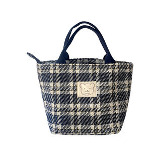 时尚格纹大容量加厚帆布包手提饭盒包简约百搭拉链学生便当包