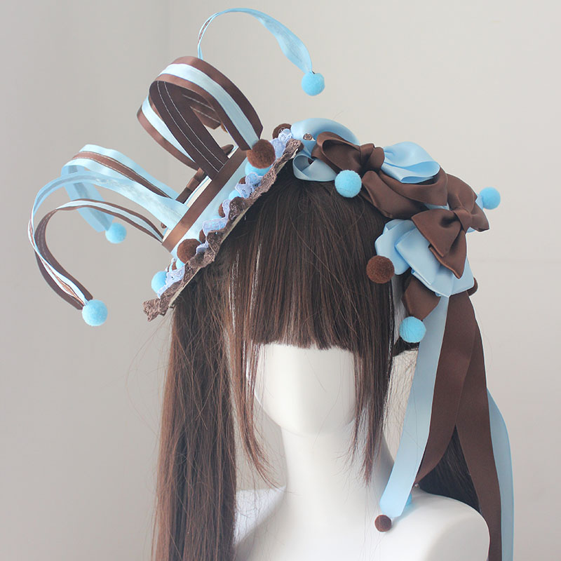 Handmade Blue and Brown Accessories Set, Circus Color Block Pom-Pom Hair Accessory, Lolita Headpiece, Hair Clip, Flower Ball Clown Hat