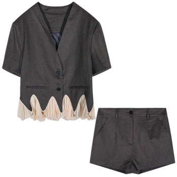 Luo luo jie linen ສີ​ຂີ້​ເຖົ່າ linen ສອງ​ສິ້ນ​ຊຸດ​ຂອງ​ແມ່​ຍິງ​