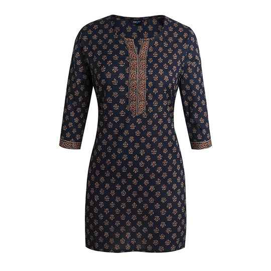 Индийская этническая одежда, женские длинные короткие темно-синие топы с принтом, рукава три четверти, тонкий длинный штапельный хлопок, одежда кута