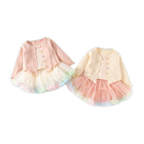 Girls suit autumn 2024 new style childrens cardigan baby princess tutu skirt spring and autumn childrens three-piece set
