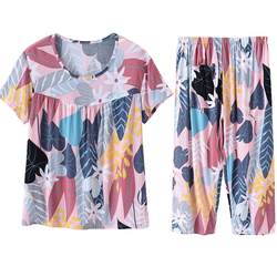 Mom cotton silk pajamas women's summer 2024 new old-middle and old-sleeved short-sleeved artificial cotton suits cotton silk home clothes