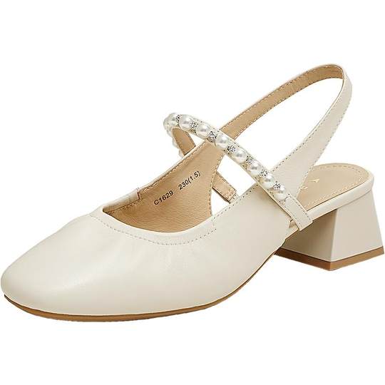 百思图2025夏季商场新款气质粗跟后空女羊皮玛丽珍凉鞋C1629BH5