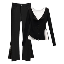 Foreign Air Design Sensation Niche Suit Woman Spring Autumn Reduction Age T-shirt Jacket High Waist Trumpeter Bead Chain Casual Pants Two Sets