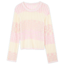 Sancai 024 Spring New Gradient Stripe Hollow Pink Knitted Sweater Top Short Blouse Long Sleeve Thin Women