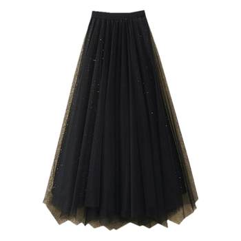 ສິ້ນກະໂປງປີ້ນກັບ, ພາກຮຽນ spring ແລະ summer ແອວສູງ slimming sequin ສິ້ນ veil double ຍາວກາງສະຫມໍ່າສະເຫມີ pleated mesh skirt ສໍາລັບແມ່ຍິງ