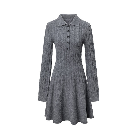 SUK swaying cable! 100% wool lapel single-breasted slim high-waisted A-line skirt knitted dress for women