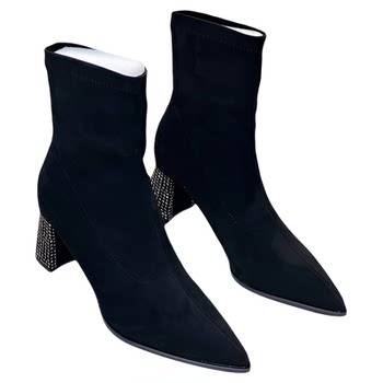 Fashionable women's boots with thick heel, solid color, versatile and pointed toe