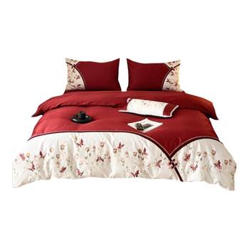 Wedding romantic long velvet cotton four-piece set girl floral embroidery full cotton quilt cover wedding bedding red bed cover Wedding romantic long velvet cotton four-piece set girl floral embroidery full cotton quilt cover wedding bedding red bed cover