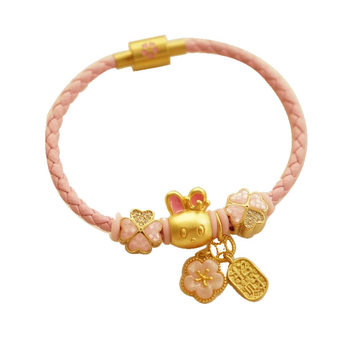 2024 New Cute Rabbit Pink Peach Blossom Bracelet Leather Ropes Wearable Hard Gold Transfer Beads DIY