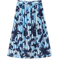 ERDOS Spring and Summer Romantic Retro A-Line Umbrella Skirt Womens Blue and White Striped High Waist Printed Temperament Vacation Skirt Refreshing