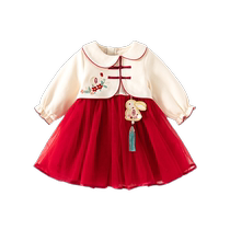 Girls Dress Autumn Clothing 2024 New Style Baby One-Year-Old Dress Spring and Autumn Childrens National Style Mesh Princess Dress