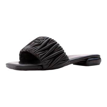 ລຸ້ນ Sheepskin ~ Amiu pleated slippers, fashionable summer women's outer wear, ແທ້ຈິງແລ້ວ square toe flat bottom style Korean sandals heel thick