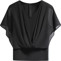 Black French flying sleeve chiffon top womens short-sleeved 2024 new summer high-end sense unique and beautiful small shirt