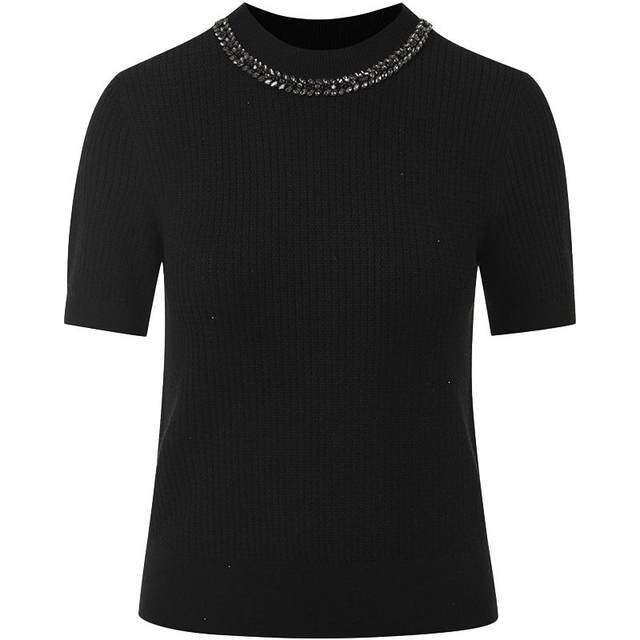 Langzi 2025 spring new style French style short-sleeved sweater bright diamond black round neck T-shirt top for women