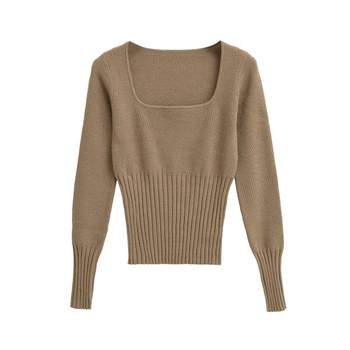 French-Style Retro Solid Color Square-Neck Long-Sleeve Knit Top, Waist-Cinching, Slimming, Stylish Base Shirt, Sweater, Figure-Flattering Top