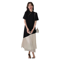 Maternity Summer Wear New Chinese Style Contrast Color Splicing Dress 2024 New Summer Slim Fit Fishtail Long Dress