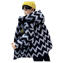 Boys sweater jacket autumn and winter 2024 new primary school students junior high school and older childrens velvet thickened skin-friendly warm cotton clothing