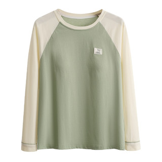 100%纯棉女士带胸垫秋冬睡衣上衣宽松撞色防凸点家居休闲外穿长袖