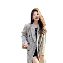 2023 New Hepburn style coat high-end and super good-looking long gray herringbone suit woolen coat for women winter