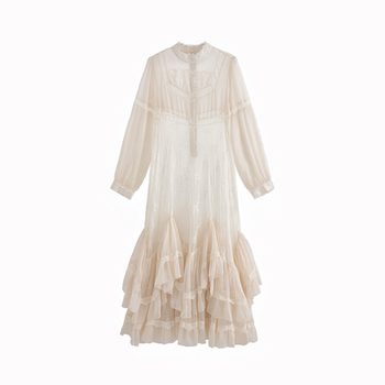 Azure ຊຸດ lace retro ຝຣັ່ງທີ່ມີຄວາມຫລາກຫລາຍຂອງ lace stitching, ສິ້ນຂະຫນາດໃຫຍ່, ສິ້ນຍາວໃບ lotus, ຊຸດແມ່ຍິງ homemade ຕົ້ນສະບັບ