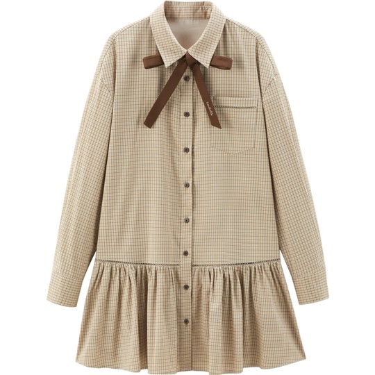Leding retro plaid hollow shirt dress autumn new college style contrast tie long-sleeved dress