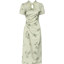 DPLAY2024 Xia Xinxin Chinese Mint Man Green Stand Collar Water Drop Hollow National Style Disc Button Dress Long Skirt