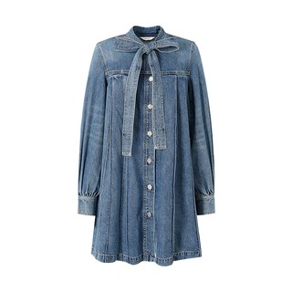 MOISSAC丹宁系列春蝴蝶结系带A字百褶牛仔长款连衣裙女