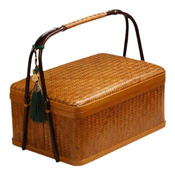 Handmade bamboo weaving hand-held box double-layer portable storage retro