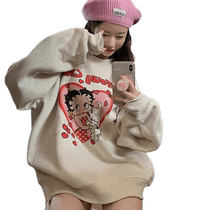 2023 autumn and winter new thickened silver fox velvet autumn retro American jelly love girl round neck loose sweatshirt for women