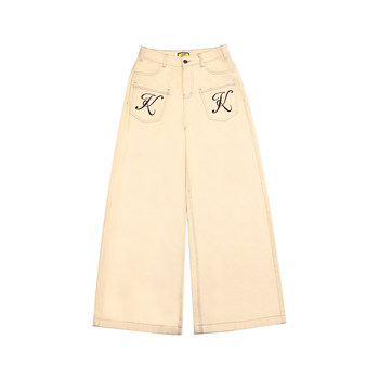 Yo ku ku (cool girl intelligence agency) ການອອກແບບ niche ຂອງອາເມລິກາ embroidered washed ຂາກ້ວາງ ພື້ນ-ຍາວ jeans ສໍາລັບແມ່ຍິງ