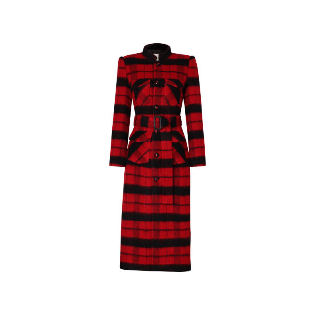 XULU原创冬季新款红黑条纹羊毛昵大衣轻奢气质修身小众长款外套