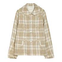 puretea tea linen yarn-dyed plaid embroidered jacket womens Peter Pan doll collar 2023 autumn new style