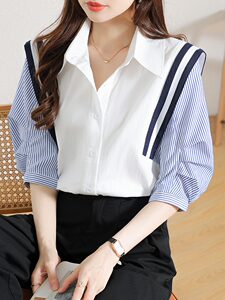 法式拼色撞色条纹衬衫女2026夏季新款时尚宽松中袖显瘦气质衬衣