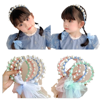 Childrens Pearl Ribbon Headband Internet Celebrity Princess Mesh Braided Hair Headband Girls Bow Tie Hair Headwear