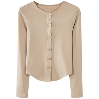 Early Spring Cardigan with Buttons, New Korean Style, Round Neck, Short, Slim-Fit, Long-Sleeved T-Shirt Top for Women, Pink