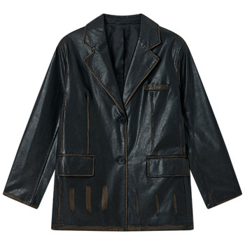 Halo luu retro jacket ຫນັງສີດໍາຊຸດແມ່ຍິງ 2026 ຄໍເຕົ້າໄຂ່ທີ່ເກົາຫຼີໃຫມ່ວ່າງສະດວກສະບາຍຄວາມຮູ້ສຶກສູງ.