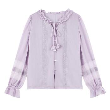 ເສື້ອຢືດ chiffon ສີແຂງ qiushui yiren ຝຣັ່ງ 2026 ລະດູໃບໄມ້ປົ່ງໃໝ່ ເສື້ອຢືດແບບໂຣແມນຕິກ ຮອບຄໍ lace-up top