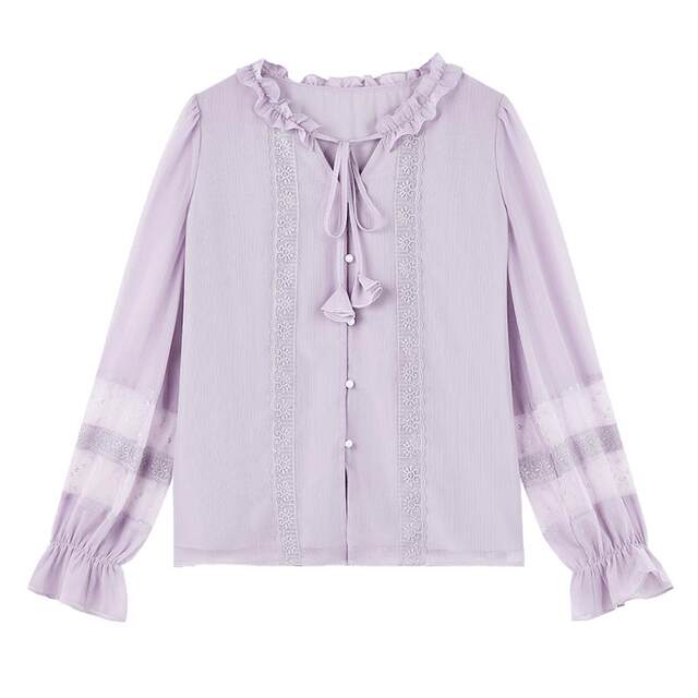ເສື້ອຢືດ chiffon ສີແຂງ Qiushui Yiren ຝຣັ່ງ 2026 ລະດູໃບໄມ້ປົ່ງໃໝ່ ເສື້ອຢືດແບບໂຣແມນຕິກ ຮອບຄໍ lace-up top