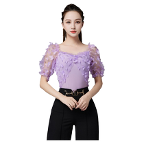Latin dance practice clothes tops for women 2024 new modern national standard waltz dance three-dimensional butterfly short-sleeved