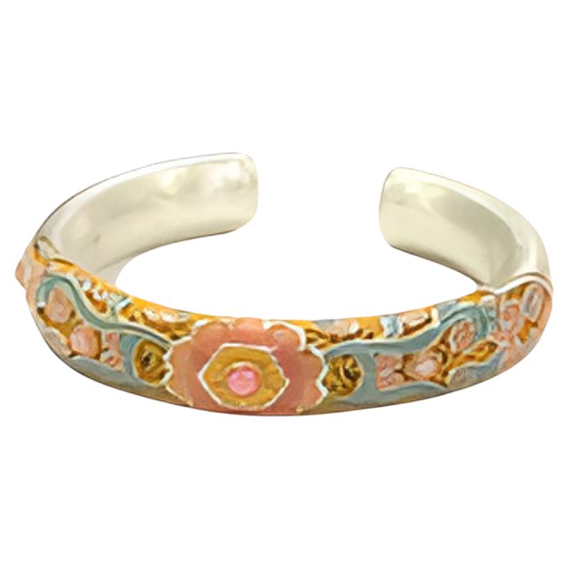 Pure silver 9999 enamel flower open ring