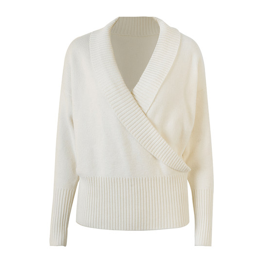 PynkiSwear suéter suelto de manga larga con cuello en V de lana blanca para mujer top de punto superpuesto simple y versátil para invierno