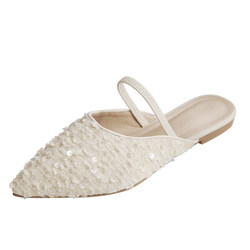 Sheepskin version ~ pointed-toe flat-soled ເກີບຕອນແລງ fairy ຂະຫນາດນ້ອຍ fragrance style heelless lazy shoes Baotou ເຄິ່ງ slippers ສໍາລັບແມ່ຍິງນອກ