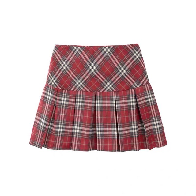 Red plaid college style pleated skirt with hip short skirt
