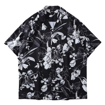 Wukong ມີຢູ່ໃນຫຼັກຊັບ ເສື້ອແຂນສັ້ນ floral ສີດໍາ retro ສີດໍາສໍາລັບຜູ້ຊາຍແລະແມ່ຍິງ, trendy brandy street loose bf style casual-sleeved shirts