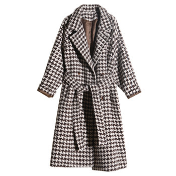 BELIN Customized Houndstooth Coat Women's Winter Retro Loose Double-Breasted Lace-Up Mid-Length Woolen Jacket