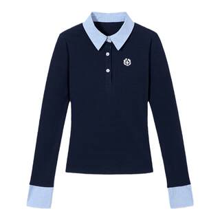 PSO Brand女装【假两件】美式学院风衬衫领POLO长袖上衣修身春秋