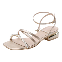 Hong Kong fashion brand one-line thick heel sandals for women summer 2024 new fairy style pearl low heel Roman sandals